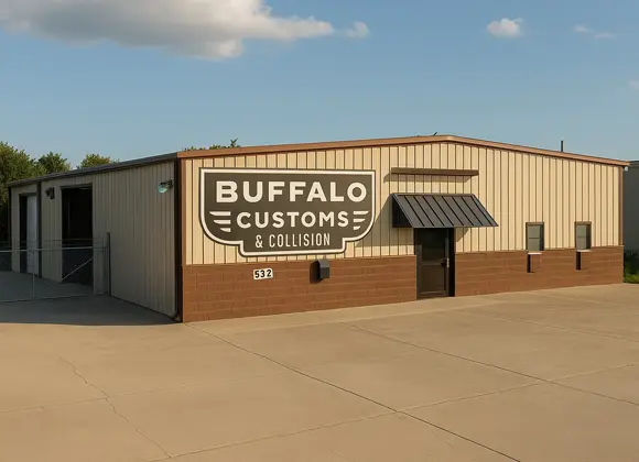 Buffalo Customs & Collision auto body shop exterior with prominent signage, emphasizing reliable collision repair services in San Antonio.
